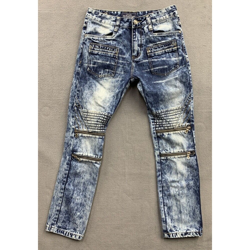 Damati Denim Moto Jeans Men Size 32X32 Blue Distressed Multi Zippers Stone Wash